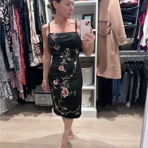 Deadstock Mandalay Black Midi Dress with Pink Floral Embroidery *RARE*